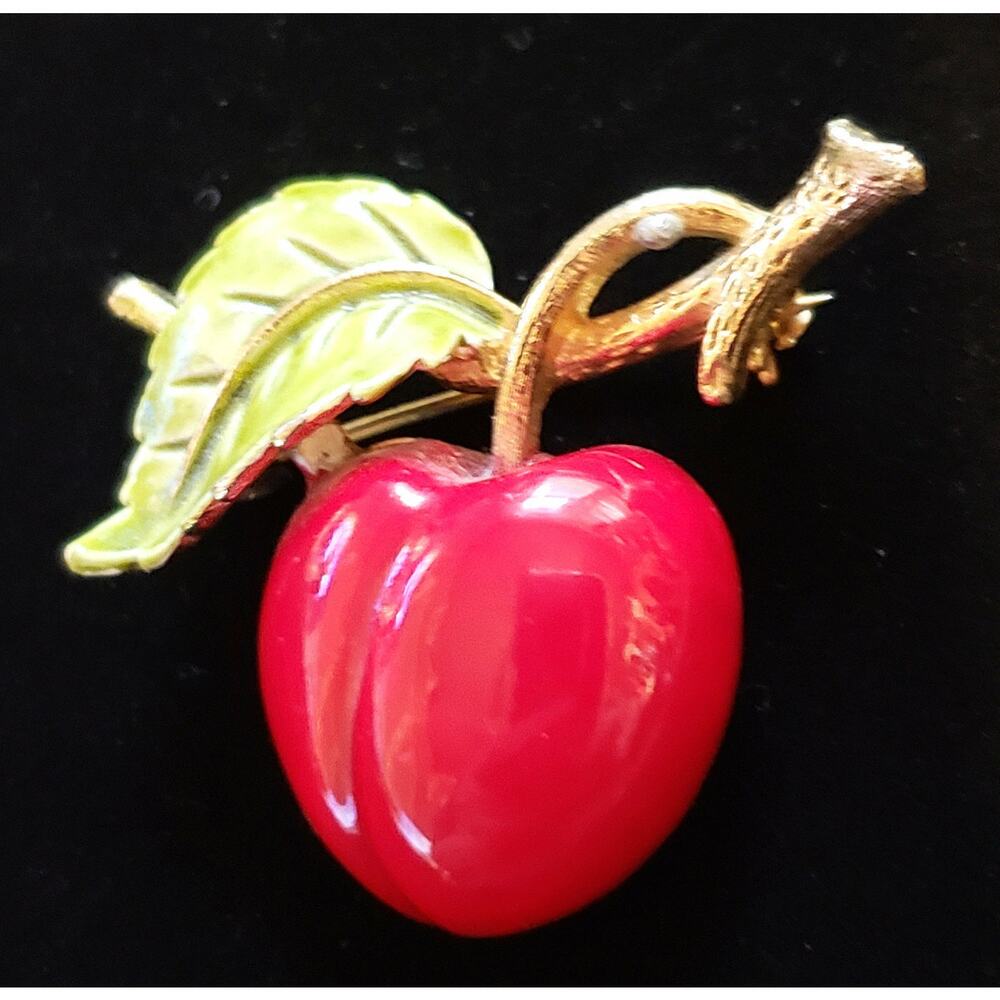 Vintage Enamel Apple Brooch Pin- Red & Green Large‎ - 1.75"- Figural fb1-24 - Picture 5 of 8